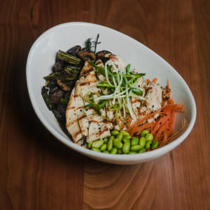 Charred Broccolini, Edamame, Carrot, Roasted Mushrooms, Black Sesame Seeds